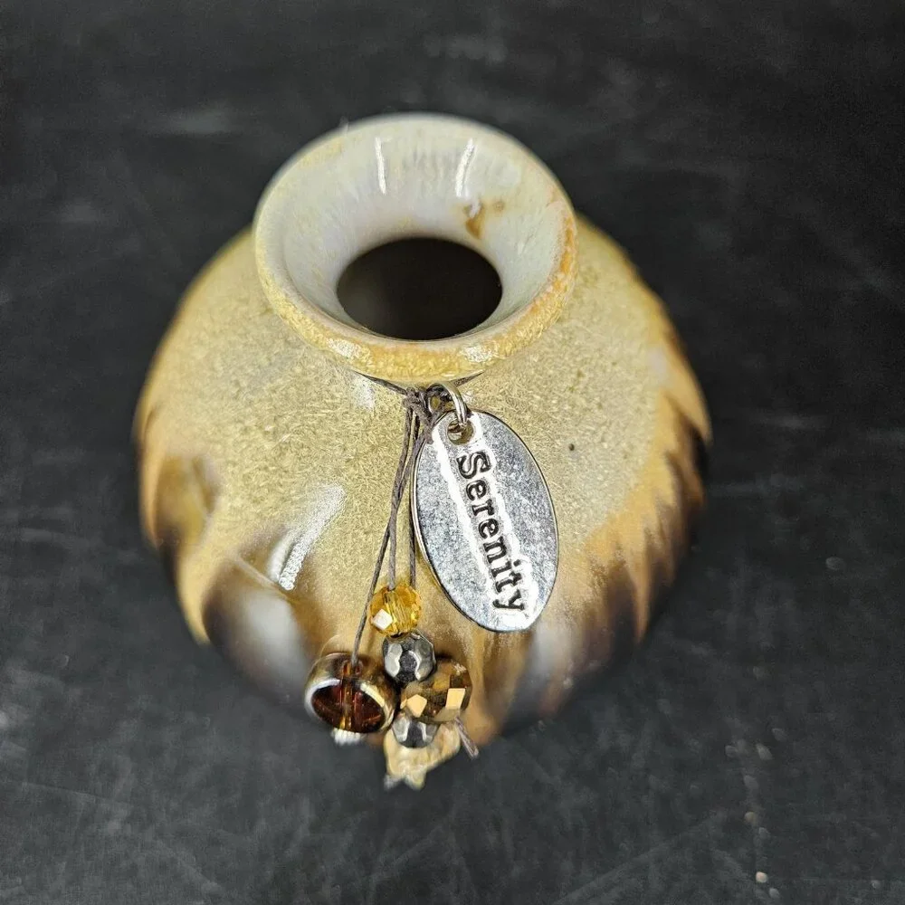 Ceramic Bud Vase Drip Glaze Brown Black Tan Mini Round Serenity Charm Incense 3